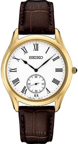 SEIKO SRK050 Quartz Watch for Men - Essentials Collection - White Dial, Stainless Steel, Gold-Finish, Leather Band - 50M Water Resistant