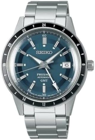 SEIKO Men's Blue Dial Silver Stainless Steel Band Presage Automatic GMT Analog Watch, SSK009