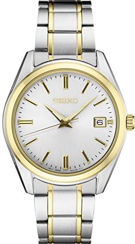 SEIKO SUR312 Watch for Men - Essentials Collection - White Dial, Date Calendar, LumiBrite Hands, Two-Tone Stainless Steel Case & Bracelet, and 100m Water Resistant, White