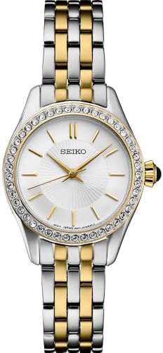 SEIKO Women's Automatic Watch, Essentials Collection | Stainless Steel Two-Tone Gold-Finish Bracelet, 50M Water Resistant, White Sunray Dial, 45 Crystal Bezel