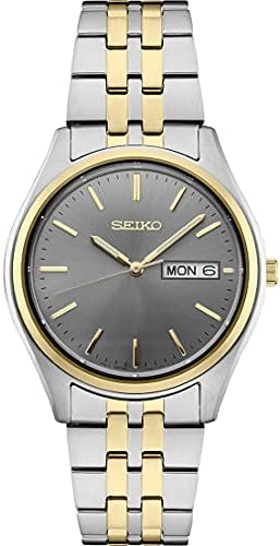 SEIKO Watch for Men - Essentials Collection | Day/date Calendar, Stainless Steel Case/bracelet, 100m Water-Resistant, Gold Hands and Markers