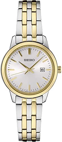 SEIKO SUR410 Watch for Women - Essentials - Minimalist White Sunray Dial with Gold Hands & Markers and Date Calendar, 100m Water-Resistant, White