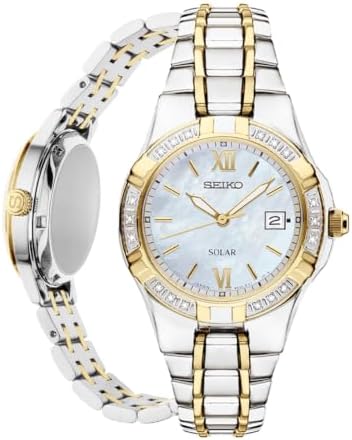 SEIKO SUT068 Watch for Women - Diamond Collection - with 18 Diamond Accents, Solar Power, Mother-of-Pearl Dial, Two-Tone Gold Stainless Steel Case & Bracelet, and Water-Resistant to 50m