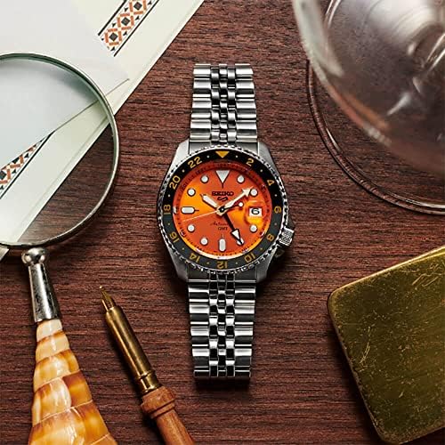 Seiko SSK005 Automatic Watch for Men - 5 -Sports - Orange Dial with Date Calendar and Luminous Hands & Markers and Gray GMT Bezel, 100m Water-Resistant