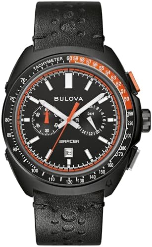 Bulova Men's Racer Chronograph Watch Black Leather Perforated Strap, Black Dial, Luminous Markers, Orange Accents, Tachymeter 42mm (Style: 98B428)