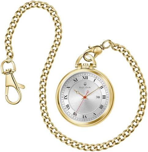 Bulova Classic Pocket Watch 3-Hand Date Quartz Gold Stainless Steel, White Dial with Detachable Chain Style: 97B241