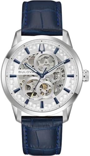 Bulova Sutton Automatic Skeleton Dial Blue Leather Strap Watch 40mm - 96A330