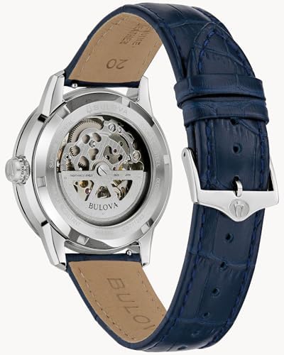 Bulova Sutton Automatic Skeleton Dial Blue Leather Strap Watch 40mm - 96A330