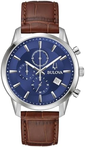 Bulova Sutton Chronograph Blue Dial Brown Leather Strap Watch 41mm - 96B402