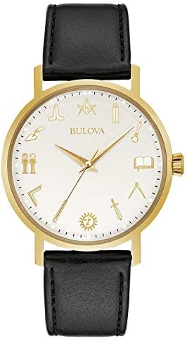 Bulova Men's Masonic Gold Tone with Black Leather Strap 3-Hand Quartz Watch Style: 97A149