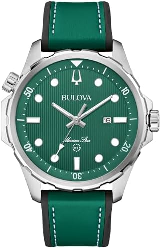 Bulova Men's Marine Star Quartz Silver Stainless Steel Watch, Leather and Silicone Strap, 100M Water Resistant, 43mm