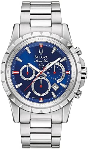 Bulova Men’s Marine Star 6-Hand Quartz Chronograph Stainless Steel Watch, Blue Dial, Tachymeter, 100M Water Resistant Style: 96B174