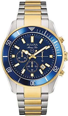 Bulova Men's Marine Star Chronograph Quartz Two Tone Gold Stainless Steel Watch, Blue, Calendar, Luminous, 43mm Style: 98B230
