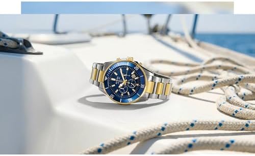 Bulova Men's Marine Star Chronograph Quartz Two Tone Gold Stainless Steel Watch, Blue, Calendar, Luminous, 43mm Style: 98B230