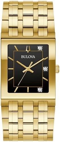 Bulova Marc Anthony Mens Modern Quadra Diamond Gold Stainless Steel Watch,Black Dial, Style:97D132