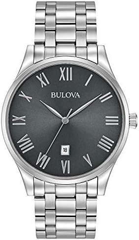 Bulova Men's Classic Stainless Steel 3-Hand Date Calendar Quartz Watch, Grey Dial with Roman Numeral Markers Style: 96B261