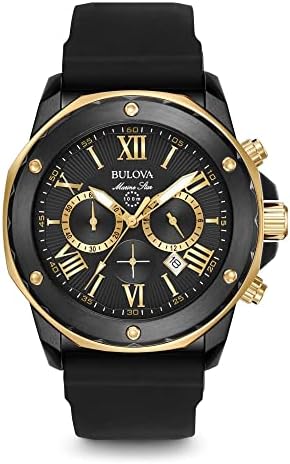 Bulova Men's Marine Star Series A Black and Rose Gold Ion-Plated Stainless Steel 6-Hand Chronograph Quartz Watch, Black Silicone Strap Style: 98B278