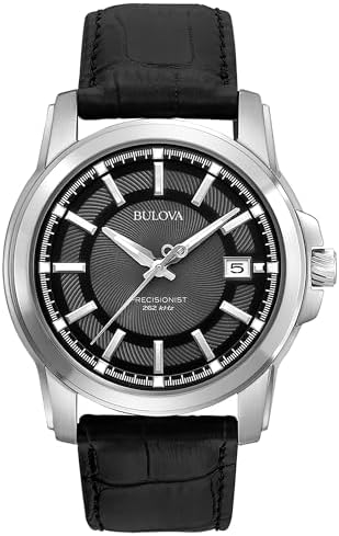 Bulova Men's Precisionist 3-Hand Calendar in Stainless Steel with Black Leather Strap and Black Patterned Dial Style: 96B158