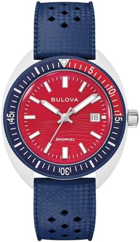 Bulova Men's Snorkel - America's 250th Sail 4th Special Edition: 41mm White Hybrid-Ceramic Case with a Blue Rubber Strap & Red Dial (Style: 98B474)
