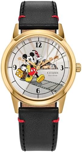 Citizen Men's Eco-Drive Disney Mickey Mouse Watch, Black Leather Strap, Silver-T...