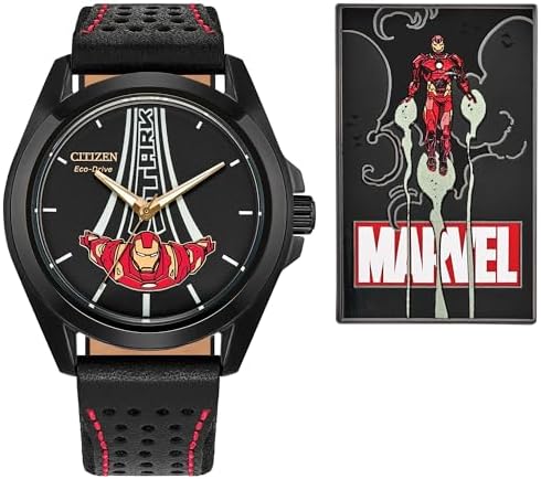 Citizen Men's Eco-Drive Marvel Tony Stark Watch, Black Leather Strap, Black Dial...