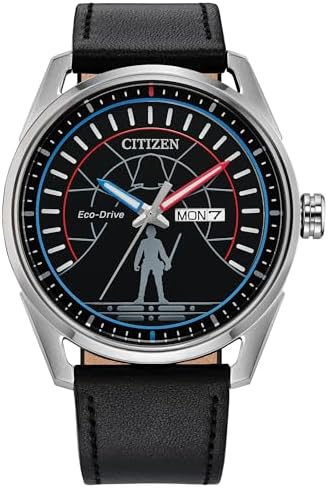 CITIZEN Men's Eco-Drive Star Wars Duel, 42mm Silver-Tone Stainless Steel Case with a Black Leather Strap & Black Dial (Style: AW0160-09W)