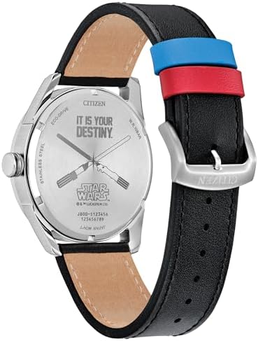 CITIZEN Men's Eco-Drive Star Wars Duel, 42mm Silver-Tone Stainless Steel Case with a Black Leather Strap & Black Dial (Style: AW0160-09W)