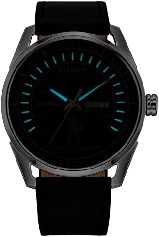 CITIZEN Men's Eco-Drive Star Wars Duel, 42mm Silver-Tone Stainless Steel Case with a Black Leather Strap & Black Dial (Style: AW0160-09W)