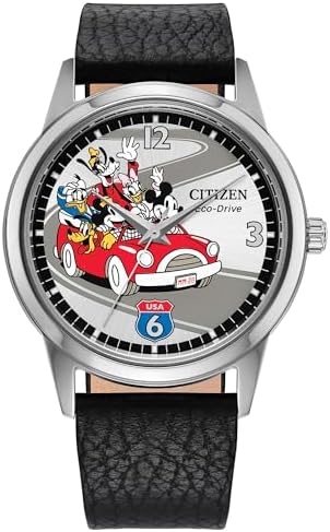 CITIZEN Men's Eco-Drive Mickey's Friends, 40mm Silver-Tone Stainless Steel Case with a Black Leather Strap & Silver-Tone Dial (Style: FE7110-09W)