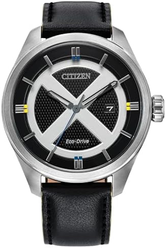 CITIZEN Men's Eco-Drive Marvel Comics X-Men, 42.3mm Silver-Tone Stainless Steel Case with a Black Leather Strap & Black Dial (Style: AW5007-17W)