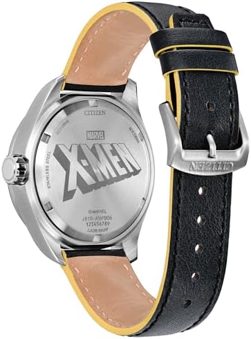 CITIZEN Men's Eco-Drive Marvel Comics X-Men, 42.3mm Silver-Tone Stainless Steel Case with a Black Leather Strap & Black Dial (Style: AW5007-17W)