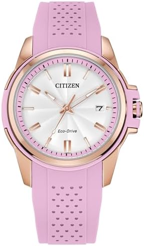 CITIZEN Ladies Eco-Drive Veya, 33.4mm Rose Gold-Tone Stainless Steel Case with a Pink Silicone Strap & Silver-White Dial (Style: FE1263-01A)