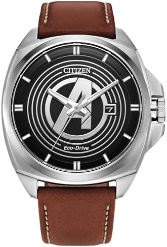 Citizen Men's Eco Drive Classic Avengers Marvel, 3 Hand Stainless Steel, Brown Leather Strap Watch (AW1721-08W)