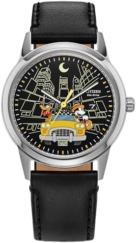 Citizen Men's Eco-Drive Disney Mickey Mouse & Friends Watch, Black Leather Strap, Black Dial, Date (Model: AW1860-01W)
