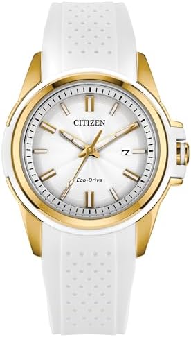CITIZEN Ladies Eco-Drive Veya, 33.4mm Gold-Tone Stainless Steel Case with a White Silicone Strap & Silver-White Dial (Style: FE1262-03A)