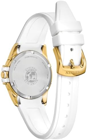 CITIZEN Ladies Eco-Drive Veya, 33.4mm Gold-Tone Stainless Steel Case with a White Silicone Strap & Silver-White Dial (Style: FE1262-03A)