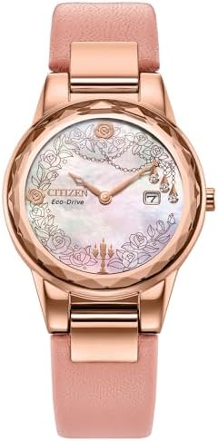Citizen Ladies Eco-Drive Disney Princess Belle Watch, Pink Leather Strap, White Dial, Date (Model: GA1083-43D)