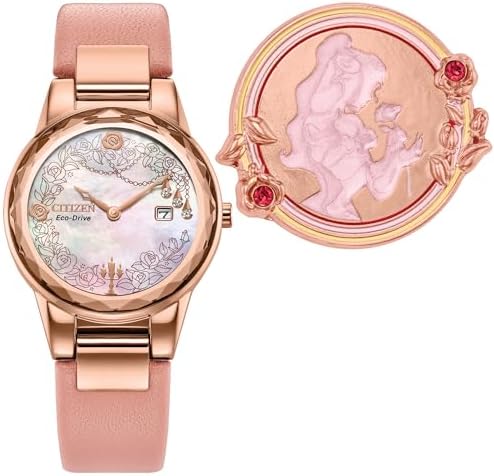 Citizen Ladies Eco-Drive Disney Princess Belle Watch, Pink Leather Strap, White Dial, Date (Model: GA1083-43D)