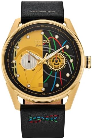 Citizen Men's Eco-Drive Star Wars C-3PO Watch, Black Leather Strap, Yellow Dial, Day/Date (Model: BU4026-05W)