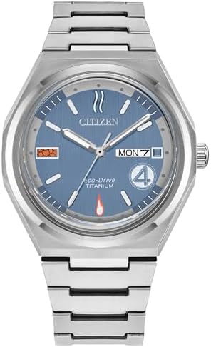 Citizen Men's Eco-Drive The Fantastic 4, Silver-Tone Super Titanium Watch, Blue Dial, Day/Date (Model: AW0131-66W)