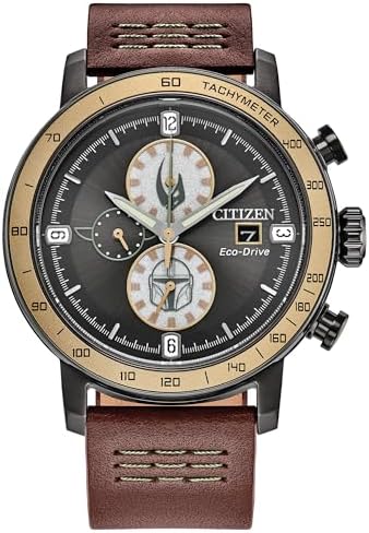 CITIZEN Men's Eco-Drive Mandalorian Chronograph, 44mm Two-Tone Ion-Plated Stainless Steel Case with a Brown Leather Strap & Gray Dial (Style: CA0857-09W)