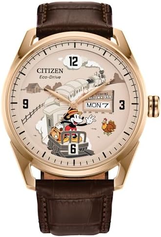 Citizen Men's Eco-Drive Hometown Mickey Mouse, Brown Leather Strap, Gold-Tone Stainless Steel Case Watch (Model: AW0088-04W)