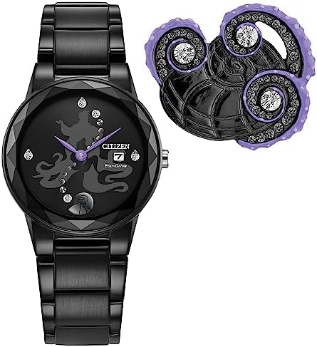 Citizen Women's Eco-Drive Disney Villian Ursula Crystal Watch and Pin Gift Set in Black Ion Plated Watch, Black Dial (Model: GA1075-68W)