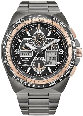 Citizen Men's Eco-Drive Promaster Skyhawk Watch, Gray Stainless Steel Bracelet, Black Dial, Atomic Timekeeping, Chronograph with Perpetual Calendar (Model: JY8146-54E)