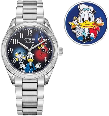 Citizen Men's Eco Drive Disney Feisty Donald Duck 90th Anniversary Limited Edition Watch and Pin Boxed Set, Silver Stainless Steel Watch, 3 Hand (Model:AW1691-66W)