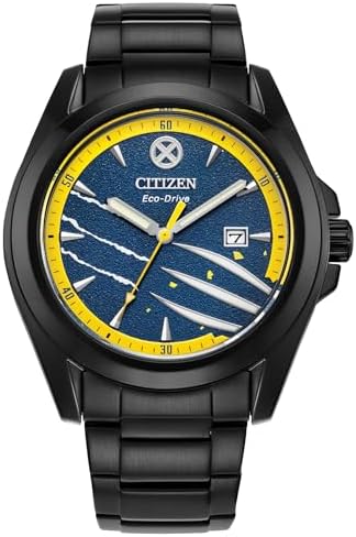 Citizen Men's Eco-Drive Marvel Wolverine Black Ion Plated Watch with Black Leather Strap and Pin Gift Set,Blue Dial, Luminous Hands, 42mm (Model: AW1435-66W)