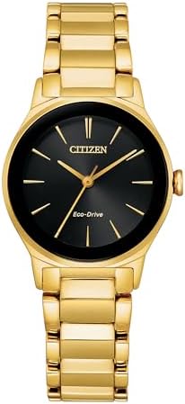 Citizen Ladies Eco-Drive Axiom Moden Eco, Gold-Tone Stainless Steel Bracelet Watch, Black Dial (Model: EM0737-58E)
