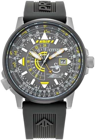 Citizen Men's Eco-Drive Promaster Eco Nighthawk Watch, Stainless Steel, Black Polyurethane Strap, Gray Dial, Dual Time, Date (Model: BJ7004-43H)