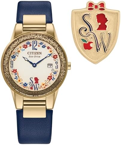 Citizen Ladies' Eco-Drive Disney Princess Snow White Gold Stainless Steel Case with Blue Leather Strap Watch and Pin Gift Set, Pale Gold Dial, Date (Model: GA1079-41W)