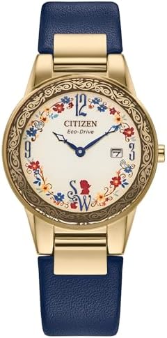 Citizen Ladies' Eco-Drive Disney Princess Snow White Gold Stainless Steel Case with Blue Leather Strap Watch and Pin Gift Set, Pale Gold Dial, Date (Model: GA1079-41W)